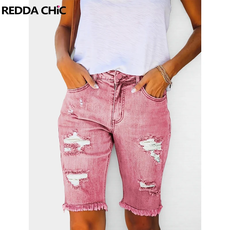 

REDDACHiC Women Ripped Denim Bermuda Pants Do Old Raw Edge Pockets High Waist Skinny Stretch Jean Shorts Vintage Y2k Streetwear