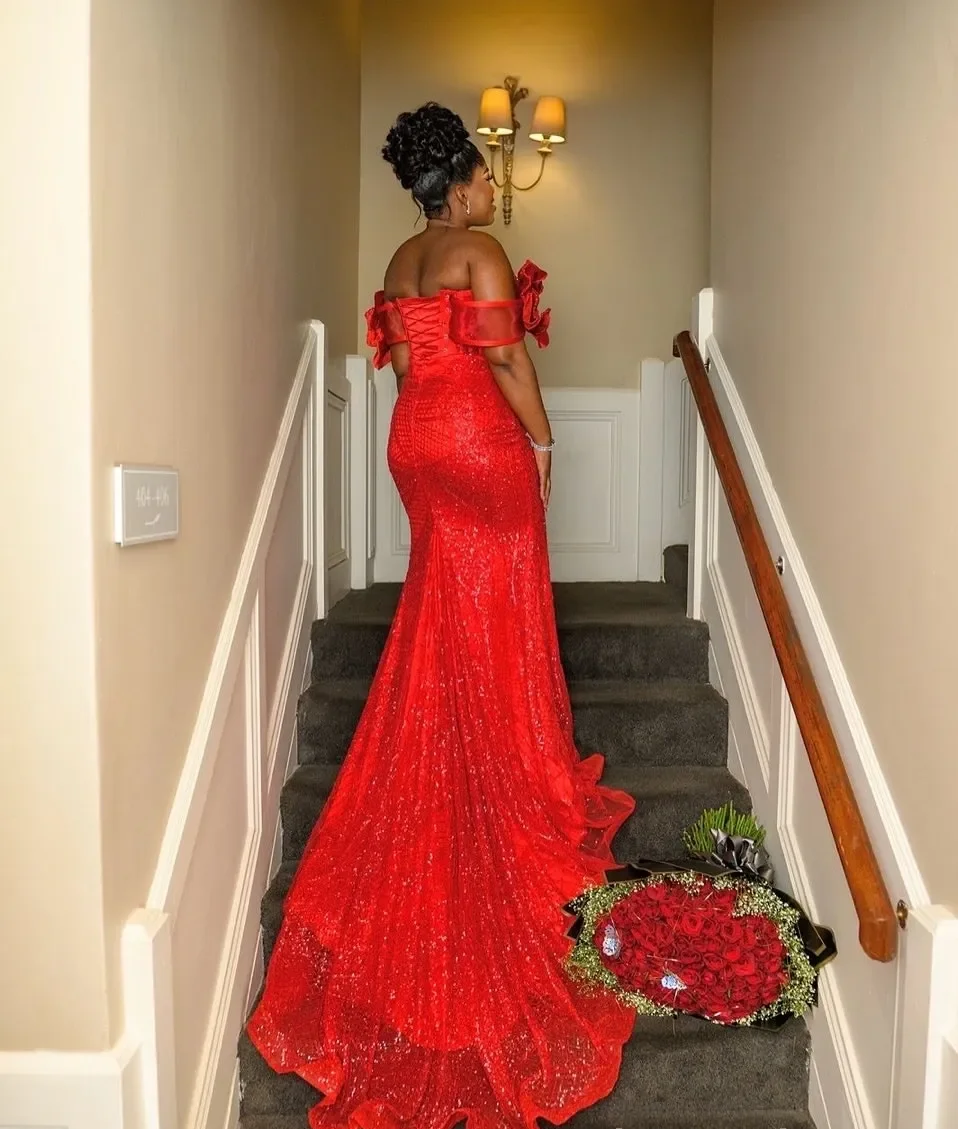 Vestidos de fiesta de talla grande de sirena roja, vestidos florales con lentejuelas, escote en forma de corazón, vestidos formales de noche para fiesta y compromiso, vestido personalizado