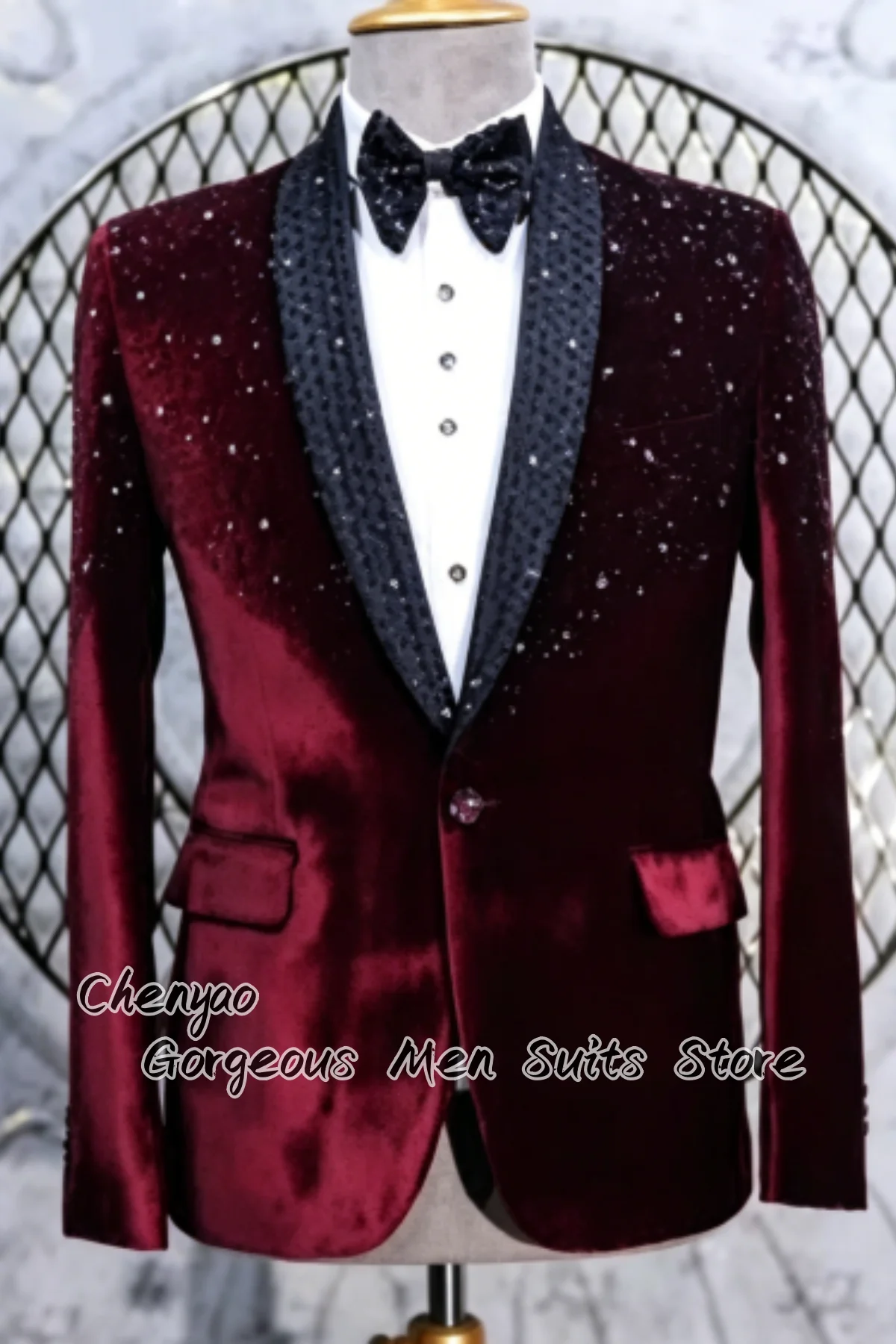 

Elegant Velvet High-End Rhinestone-Encrusted Men Suits Customized Groom Tuxedos 2Pcs Sets Male Prom Blazers Slim costumes hommes