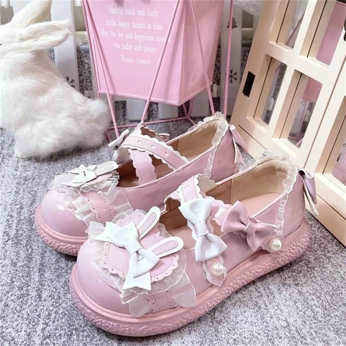 

Japanese Sweet Lolita Girls Shoes Cosplay Round Head Lace Ruffle Rabbit Bowknot Pearls Cute Loli Princess Kawaii Women Shoes