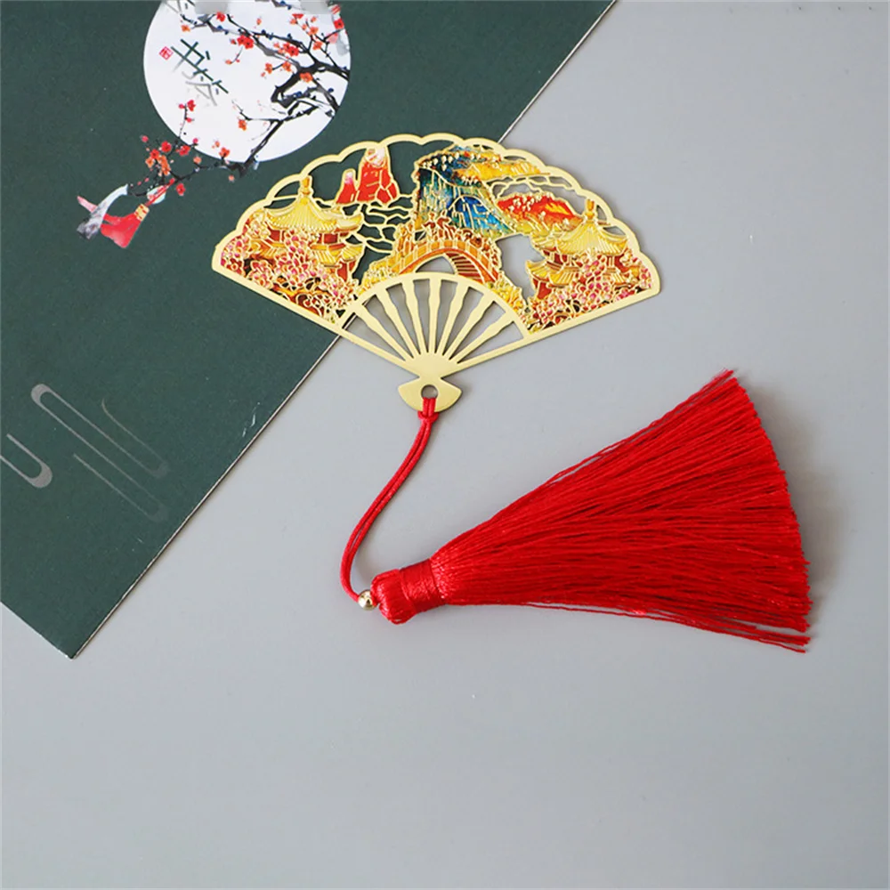 Metal Hollow Folding Fan Bookmark Brass Book Accessories Student Reading Mark Tassel Pendant for Reader Stationery Gift New