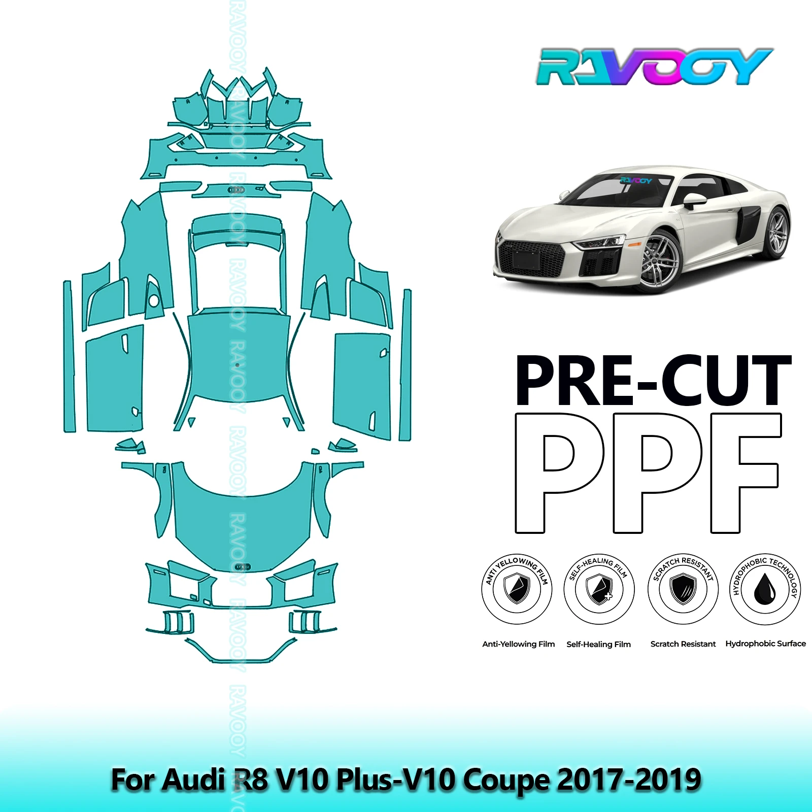 

Полный автомобильный прозрачный бюстгальтер, предварительно вырезанная защитная пленка PPF для Audi R8 V10 Plus-V10 Coupe 2017-2019