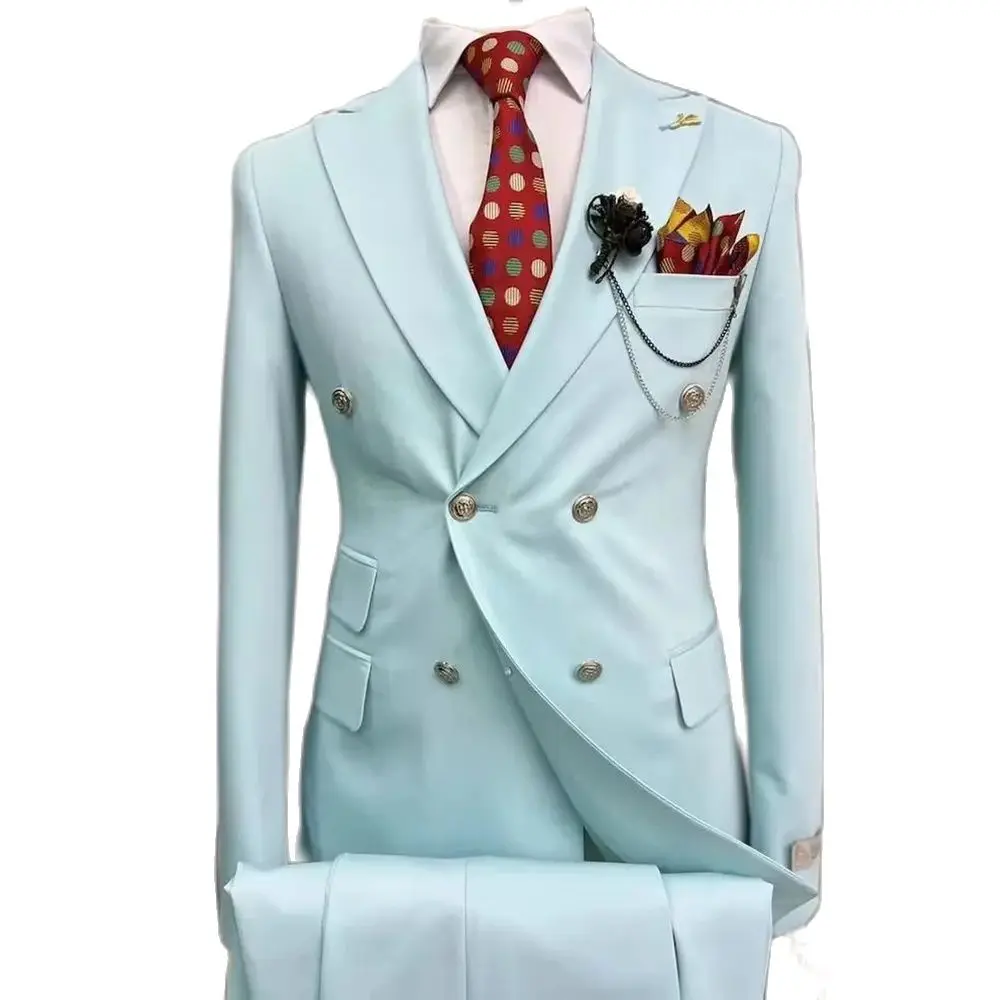 STEVDITG Sky Blue Men\'s Suits Blazer Full Set Double Breasted Peaked Lapel Loose 2 Piece Jacket Pants Formal Male Clothing 2024