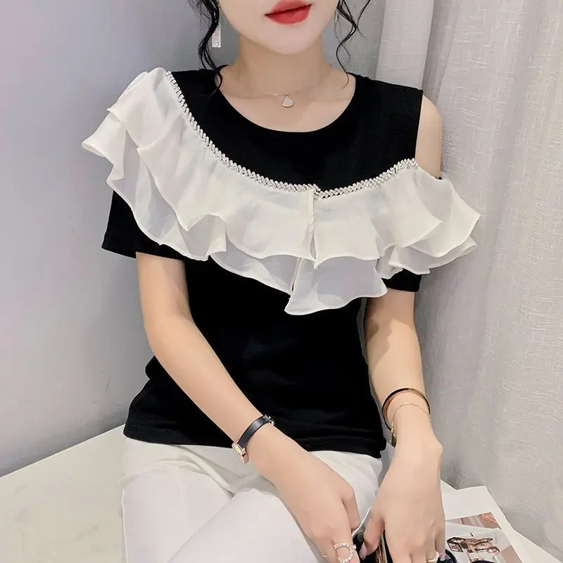 Womens Clothing Ruffle Sexy Off Shoulder Diamonds Chic Elegant T-shirts Summer Korean Fashion Black White Slim Short Sleeve Tops