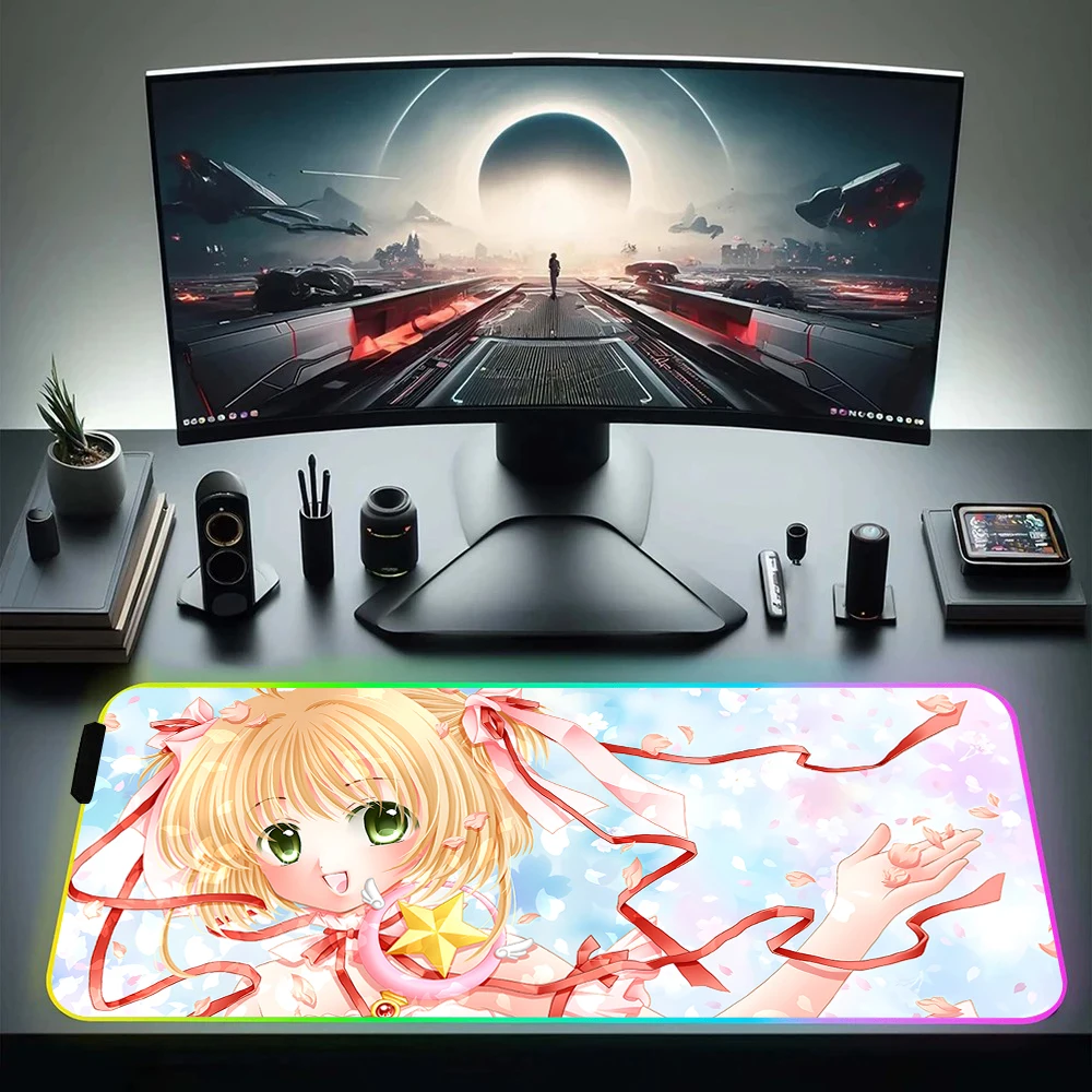 Pink Sakura Card Captor RGB Pc Gamer Keyboard Mouse Pad Mousepad LED Glowing Mouse Mats Rubber Gaming Computer Mausepad