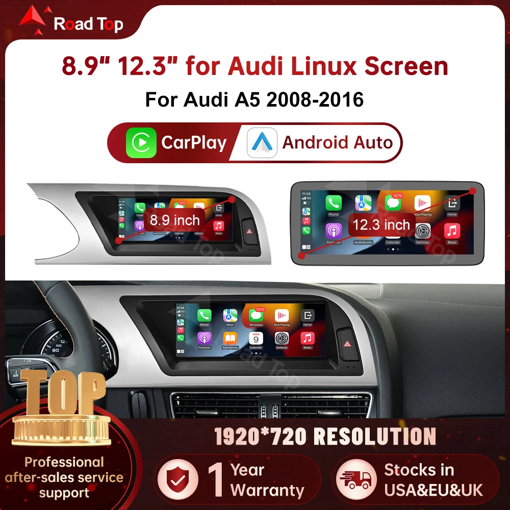 RoadTop 8,9 Zoll 12,3 Zoll Wireless CarPlay Multimedia-Bildschirm Android Auto Linux Bildschirm für Audi A5 2008-2016 3G MMI Airplay Autolink
