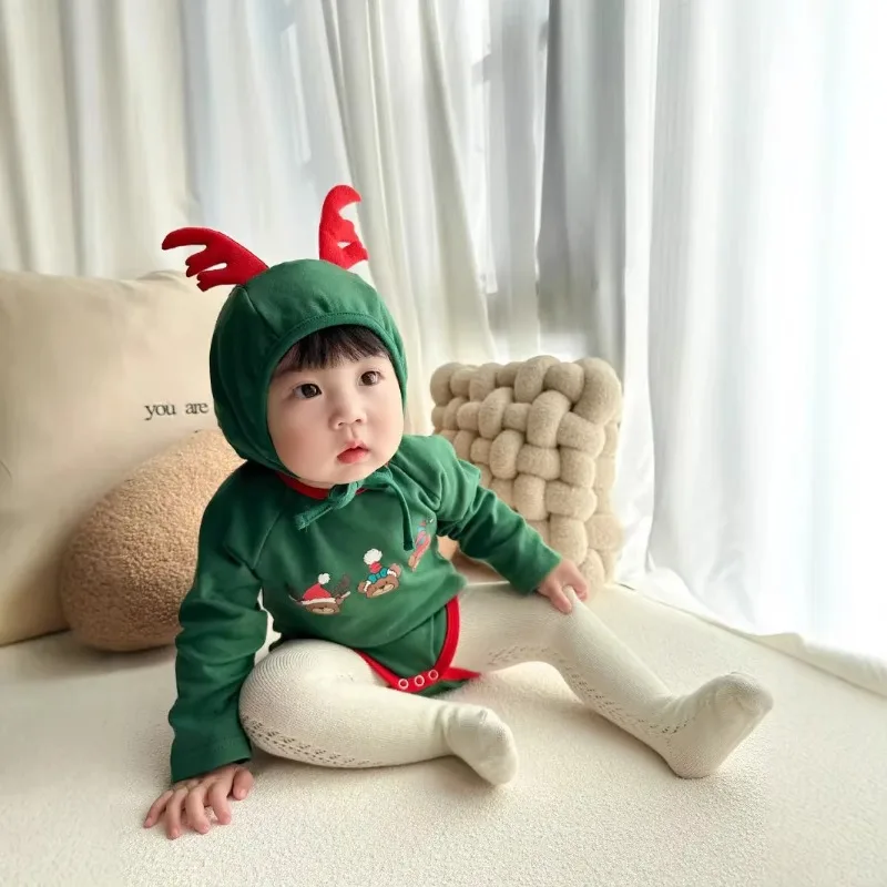 Autumn Winter Korean Baby Jumpsuit Deer Print Design Baby Romper Christmas Costume Long Sleeve Cotton Boy Girl Festival Jumpsuit