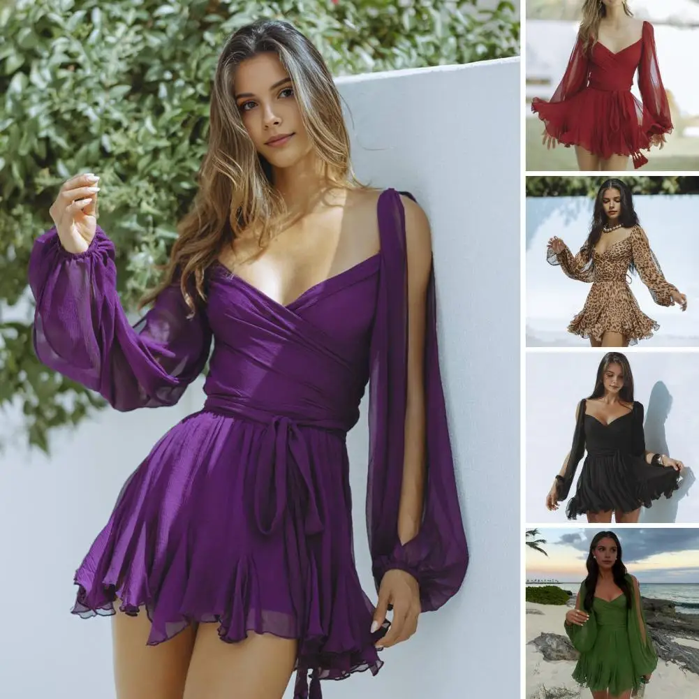 ฤดูร้อนชุดชายหาดเสือดาวพิมพ์ชุดโคมไฟแขนตัด V คอ Ruffle A-Line ชุดมินิสําหรับ Club พรหมแน่น