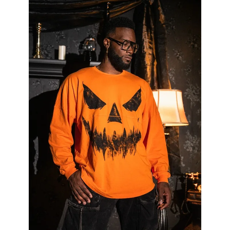 Halloween Pumpkin Ghost Face Long Sleeve T-shirt for Men and Women with Loose Shoulders HAPPY HALLOWEEN Ghost Top