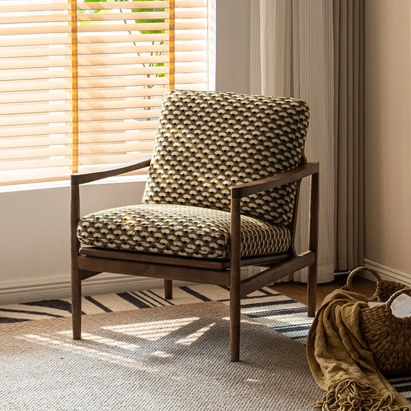 

Medieval designer solid wood single sofa chair household living room balcony retro homestay armrest leisure chair