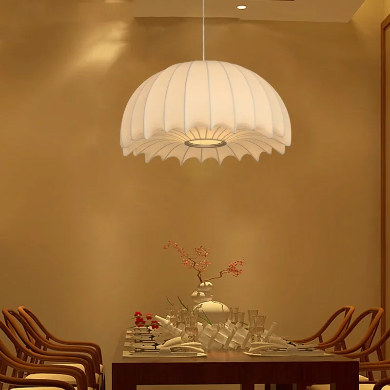 Nordic Semicircular Hood Design Silk Led Pendant Lights for Living Dining Room Hotel Hall Bedroom Lamp Cream Style Decor Fixture