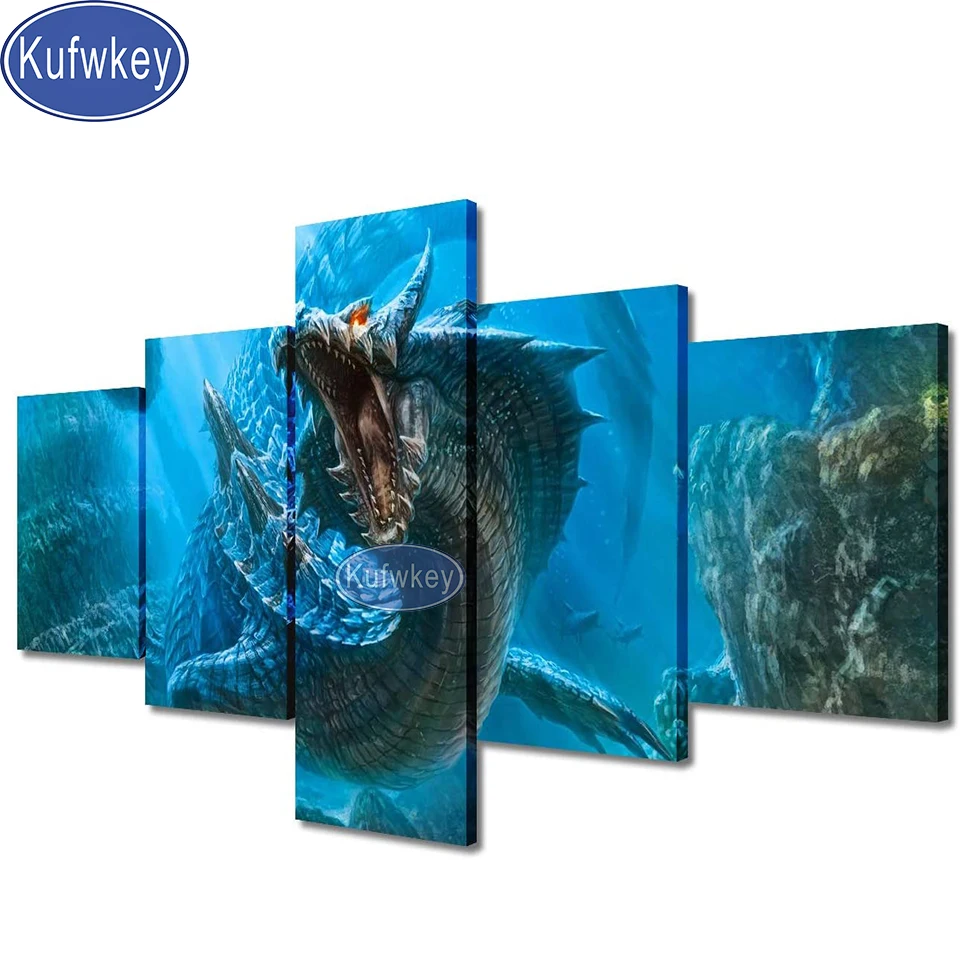 

Full Diamond Mosaic Fantasy Dragon underwater Landscape Picture 5d Diy Diamond Painting 5 Panel Embroidery Unique Animal Art