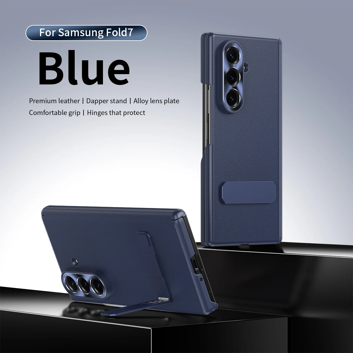 For Samsung Galaxy Z Fold 7 6 5 4 PU Leather Hinge Protect Camera Lens Protector, Phone Case Back Cover with Metal Stand Bracket