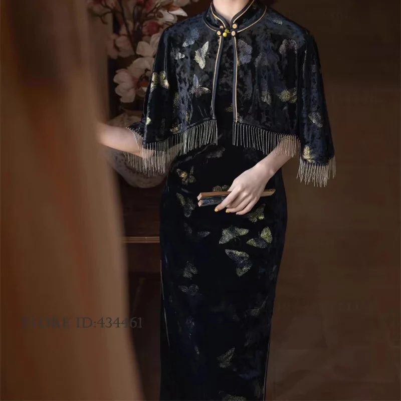 

Elegant Jacquard Butterfly Slim Qipao Chinese Traditional Dress Classic Women Velvet Long Cheongsam Oriental Evening Party Dress