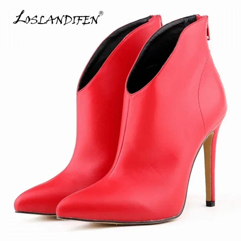 Women Winter Boots Fashion Sexy 11cm Pointed toes Matt Leather High Heels Stiletto Ankle Boot Red Black Woman Shoes Plus Size