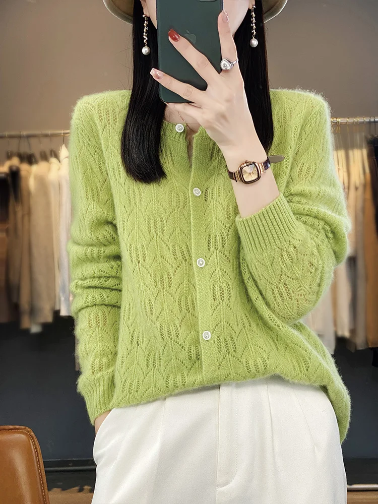 Spring New Women\'s Cardigan 100% Merino Wool Sweater O-neck Hollow Grace Cashmere Knitted Coat Korean Fashion Female Clothes Top