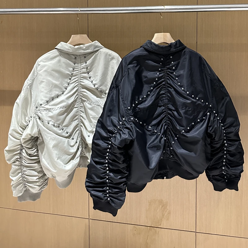 

THUG CLUB Jacket Rivet Metal Zipper Design Winter Casual Lapel Coat High Street Trend Thug Club Cotton-padded Jackets