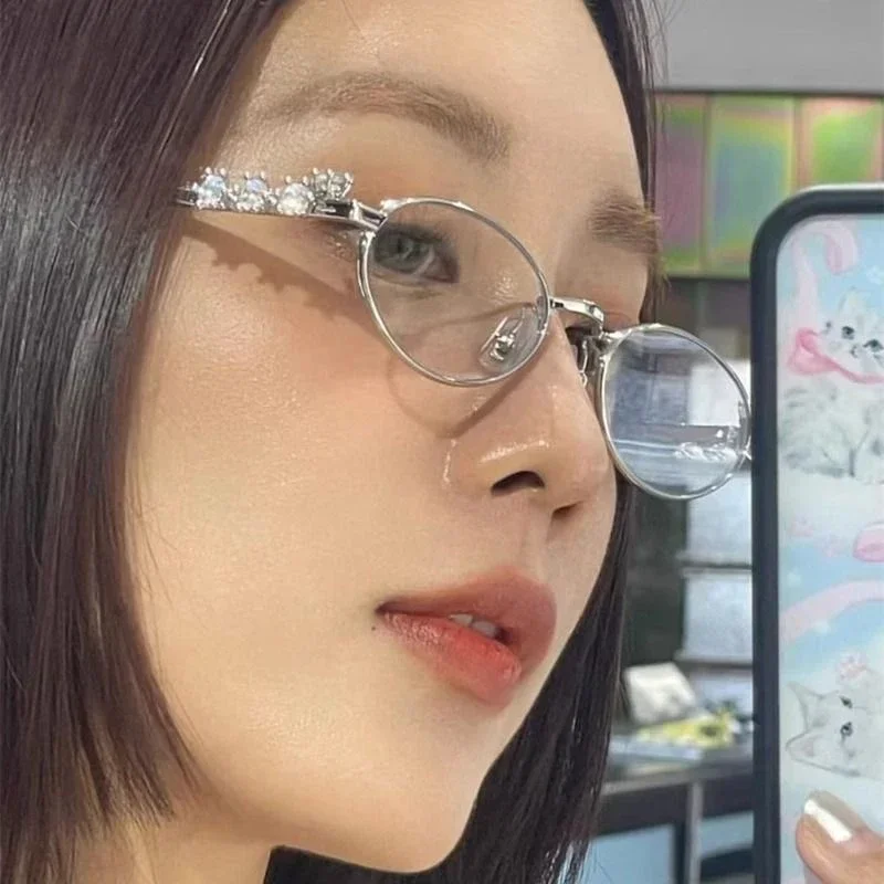 Women\'s Punk Retro Silver Anti Blue Light Eyewear Rhinestone Stainless Steel Oval Frame Glasses Girl Reading Seaside Spectacles
