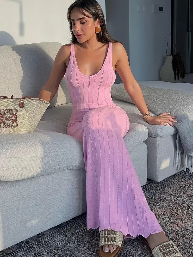 

Summer Knit Ribbed Maxi Dress Female Slim Hollow Out Backless High Waist Fashion Beach Holiday Clothes Long Dress Women's