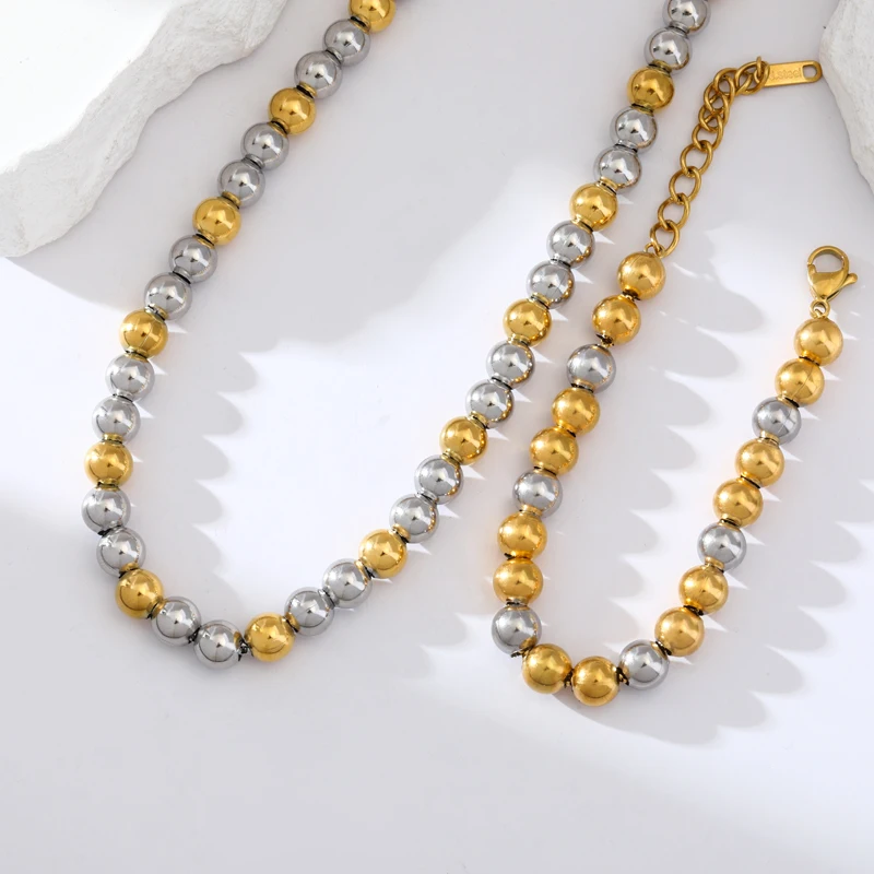 EILIECK 316L Stainless Steel Solid Beads Balls Necklace For Women Girl Fashion New Year Gift Collar Neck Chain Jewelry Set