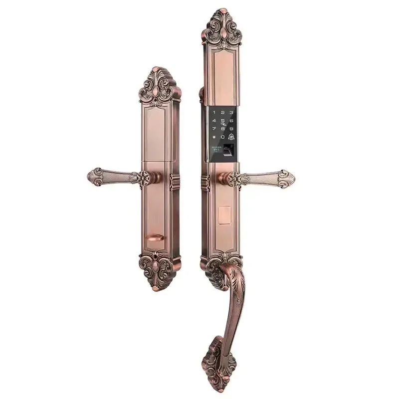 Solid forged pure copper fingerprint smart door lock antique brass with handle lock set vintage luxury model