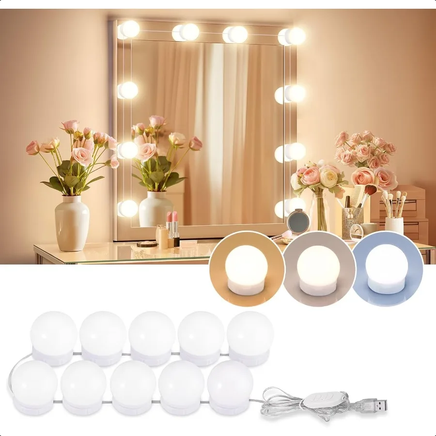 

LED Vanity Lights For Mirror Consciot Hollywood Style With 10 Dimmable Bulbs Adjustable Color and Brightn USB Cable Stick on fo