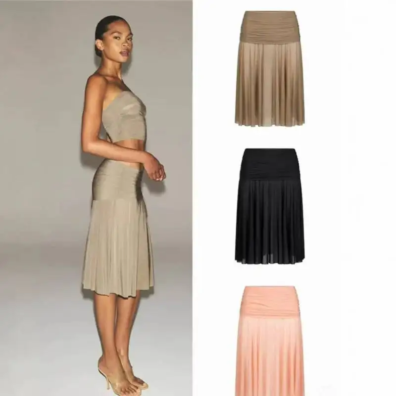 Mid Rise Pleated Skirt For Women's Spring Autumn Elegant Demeanor Solid Color Mid Length Sweet Romantic Over-the-Knee Midi Skirt