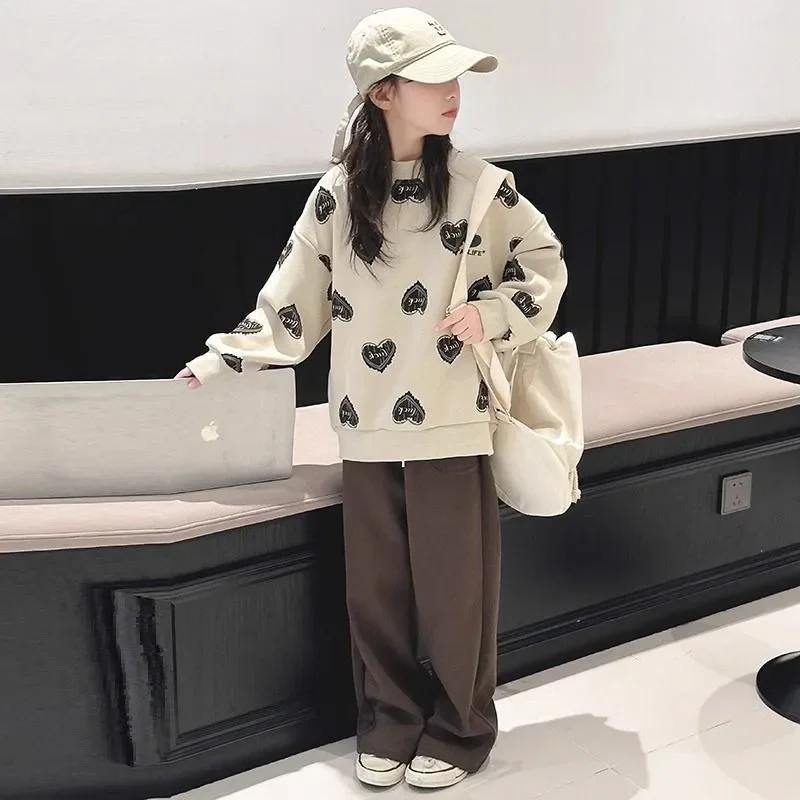 Print Sweatshirt Set Top & Pants 2-Piece Girl Outfit Elementary Student Clothes Children Fashion Girls Sets 7 8 Years Korean Two