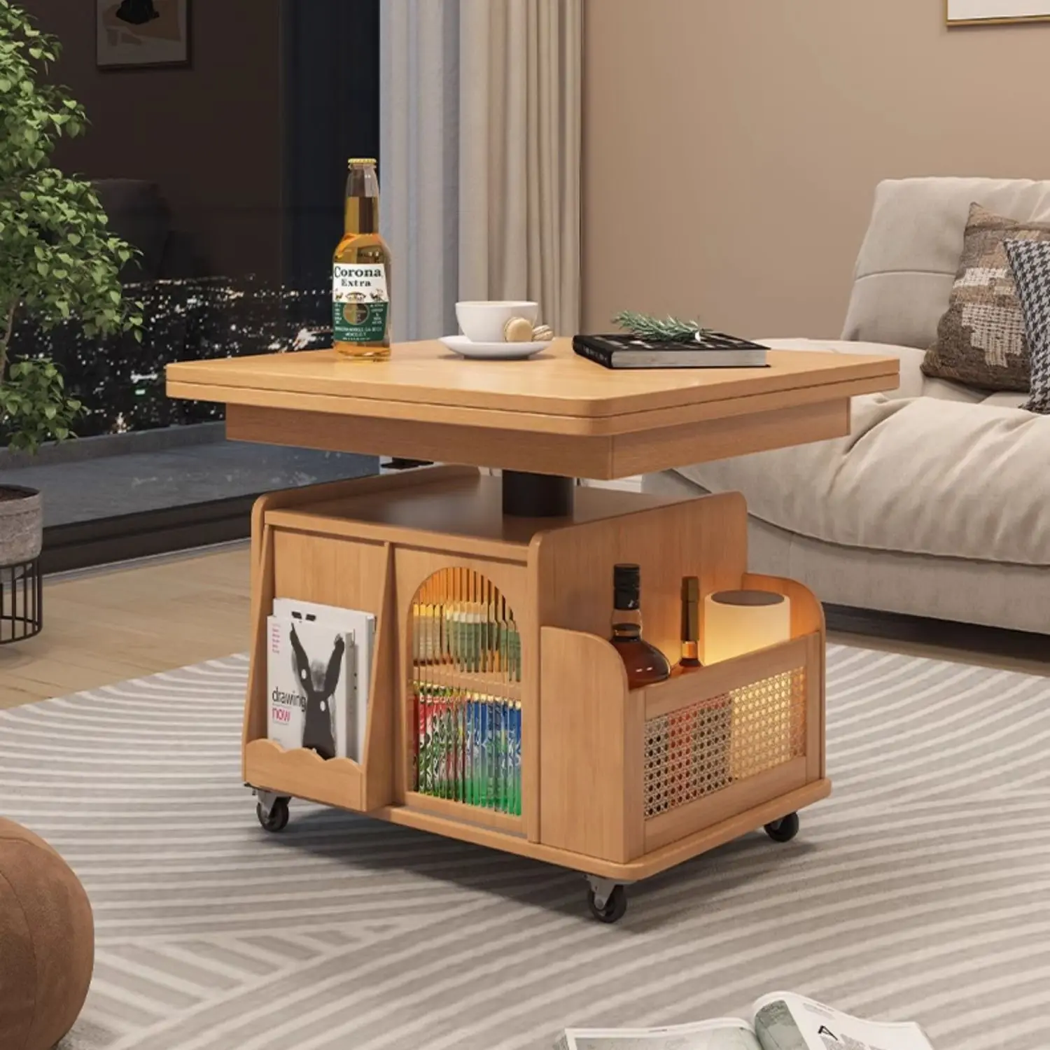

Multifunctional coffee table mobile cart solid wood tea table lifting tea table small apartment living room folding sofa dining