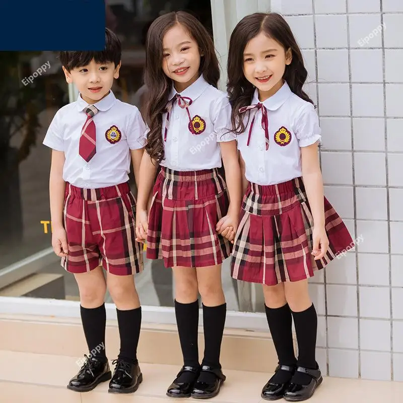 Uniforme escolar coreano para niños y niñas, camisa de manga corta, falda a cuadros rojos, conjunto de ropa, disfraces de coro