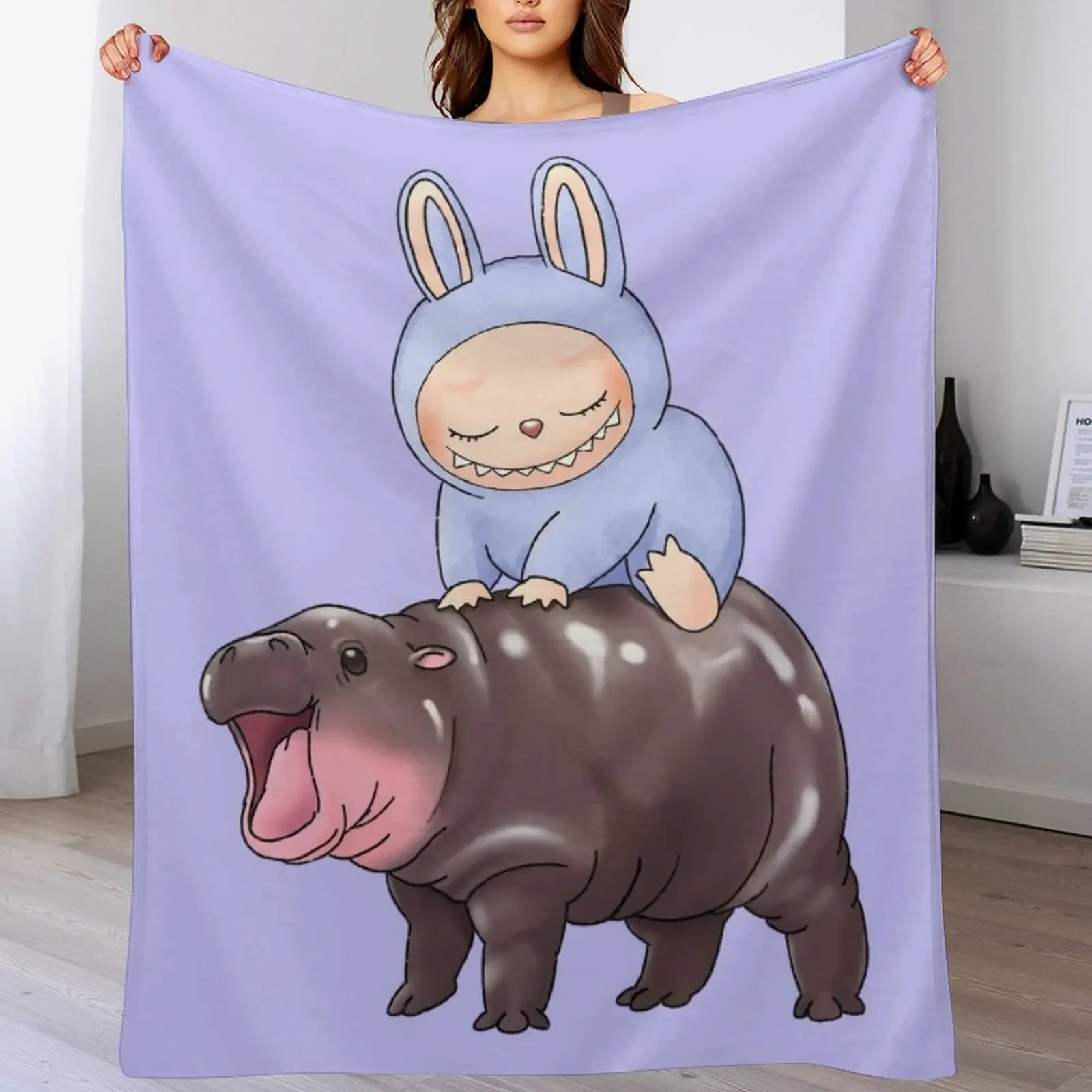 Labubu Riding Moo Deng Macaron Sea Salt Coconut Zizi Cute Throw Blanket for winter Thins Moving Blankets