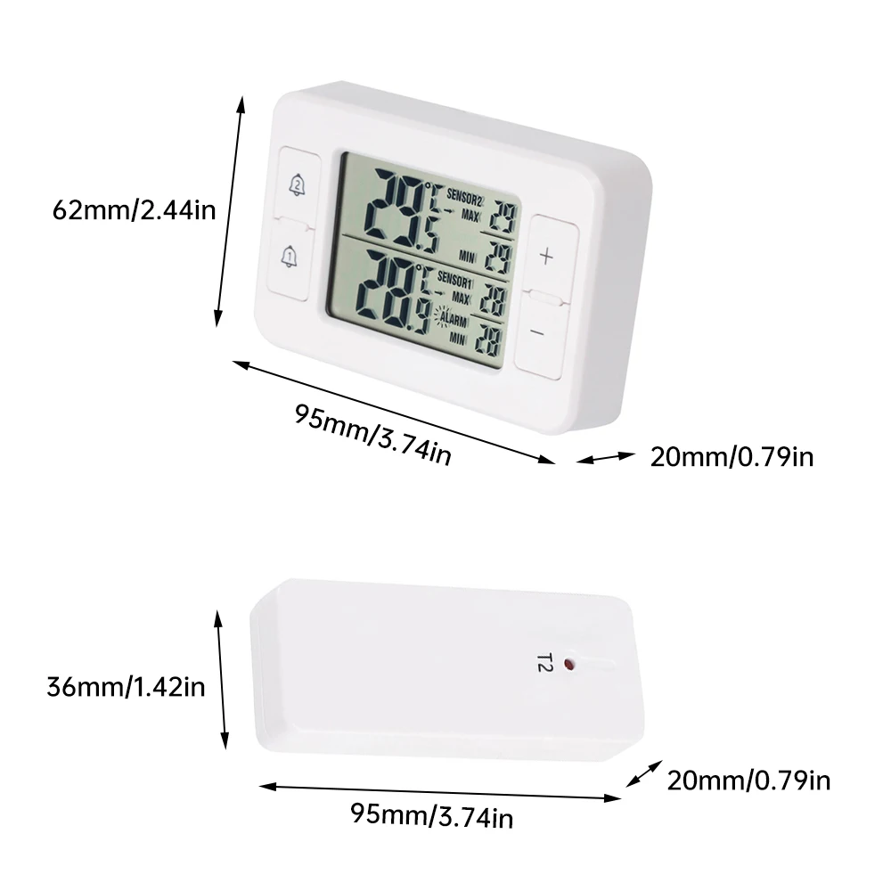 Fridge Thermometer Freezer LCD Digital Audible Alarm Refrigerator Meter with 2 Temperature Sensor Min/Max Display Indoor Outdoor