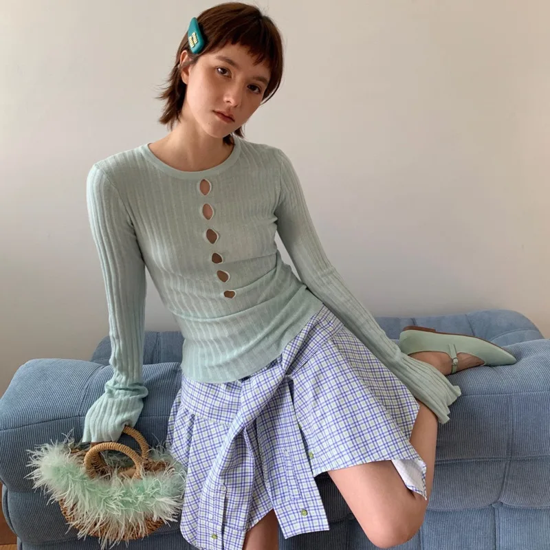 Sexy Hollow Out Basic Tee 2025 Colorful Wool Knit Short Sleeve Long Sleeve Tops Y2K Dopamine Dressing Sweet Girl Date Night Tops