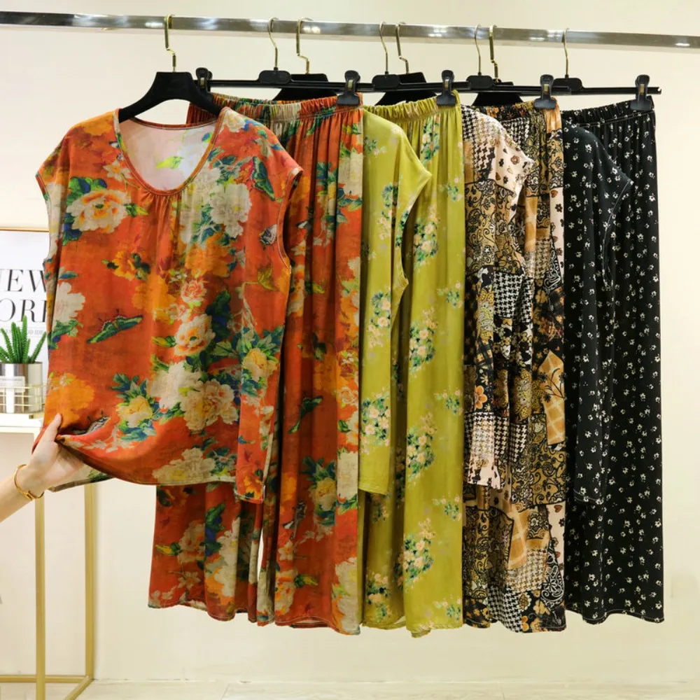 

Two-Piece Women’s Summer Pajamas Thin Sleeveless Top Long Pants Pijama Night Wears For Females Sleepwear Floral Print Homewear
