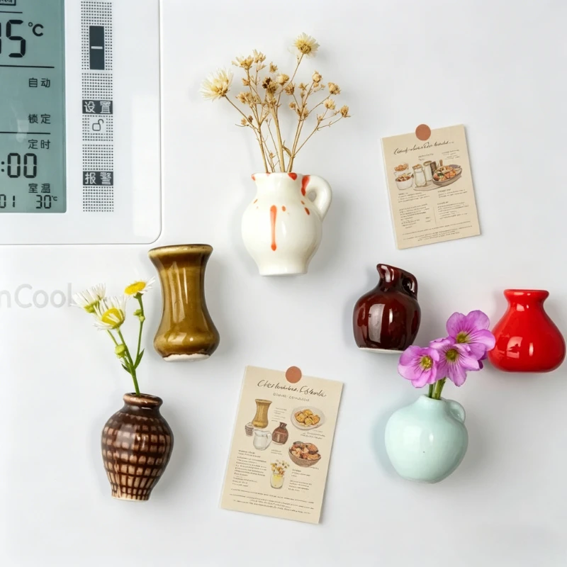 Magnetic Mini Ceramic Vase DIY Flower Arrangement Ornament Fridge Decoration Modern Minimalist Home Art Decor Accessory Vase