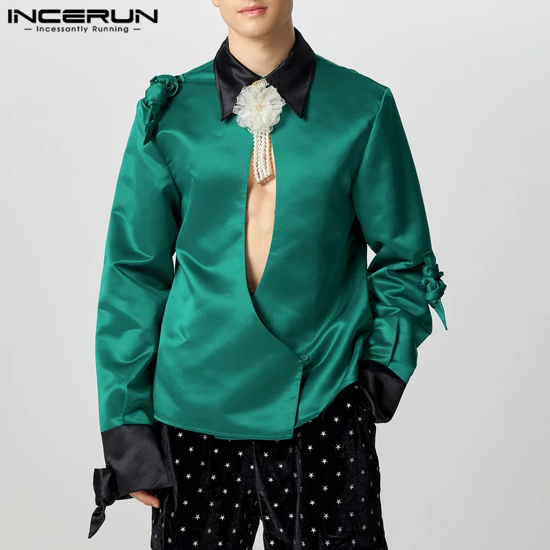INCERUN Fashion Long Sleeved Shirts Men Casual Hollow Out Design Elegant Men Clothing Lapel Collar Handsome Simple Tops Men