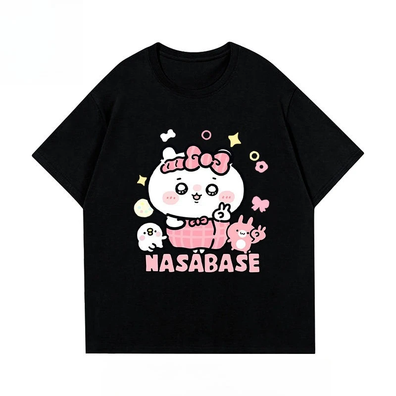 Japanese Anime Chiikawa Valentine Couple T-shirt Usagi Ji-i Print Unisex Loose Cotton Casual Kawaii Short Sleeve Tee