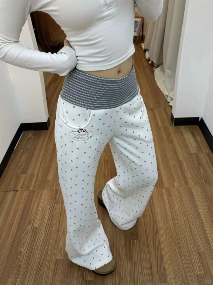 Hot Girl New Fashion White Polka Dot Slim Trousers Women Casual  Striped Thin Straight Leg Pants Japanese Patchwork Mopping Pant