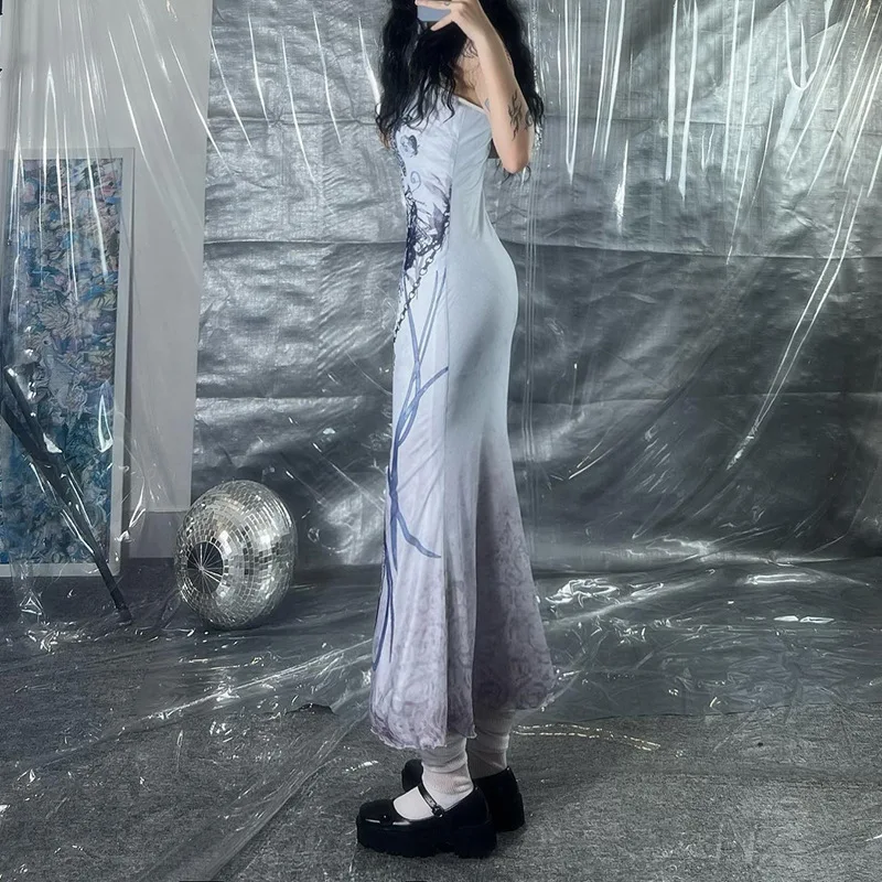 

Niche Dark Wind Butterfly Bone Print Fishtail Sexy Spicy Girl's Slim Fit And Slimming Effect. A New Camisole Dress With Straps