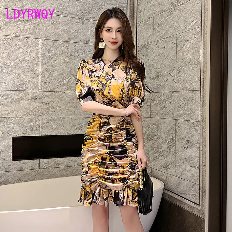 French pleated floral dress female retro chiffon bag hip slim temperament