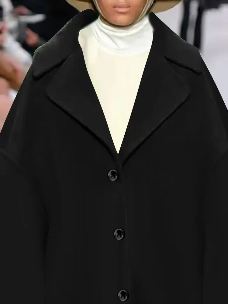 

Winter Elegant Pattern Print Midi Coat 2025 Women Casual Button Loose Outercoat Autumn Fashion Lapel Long Sleeve Woolen Jackets