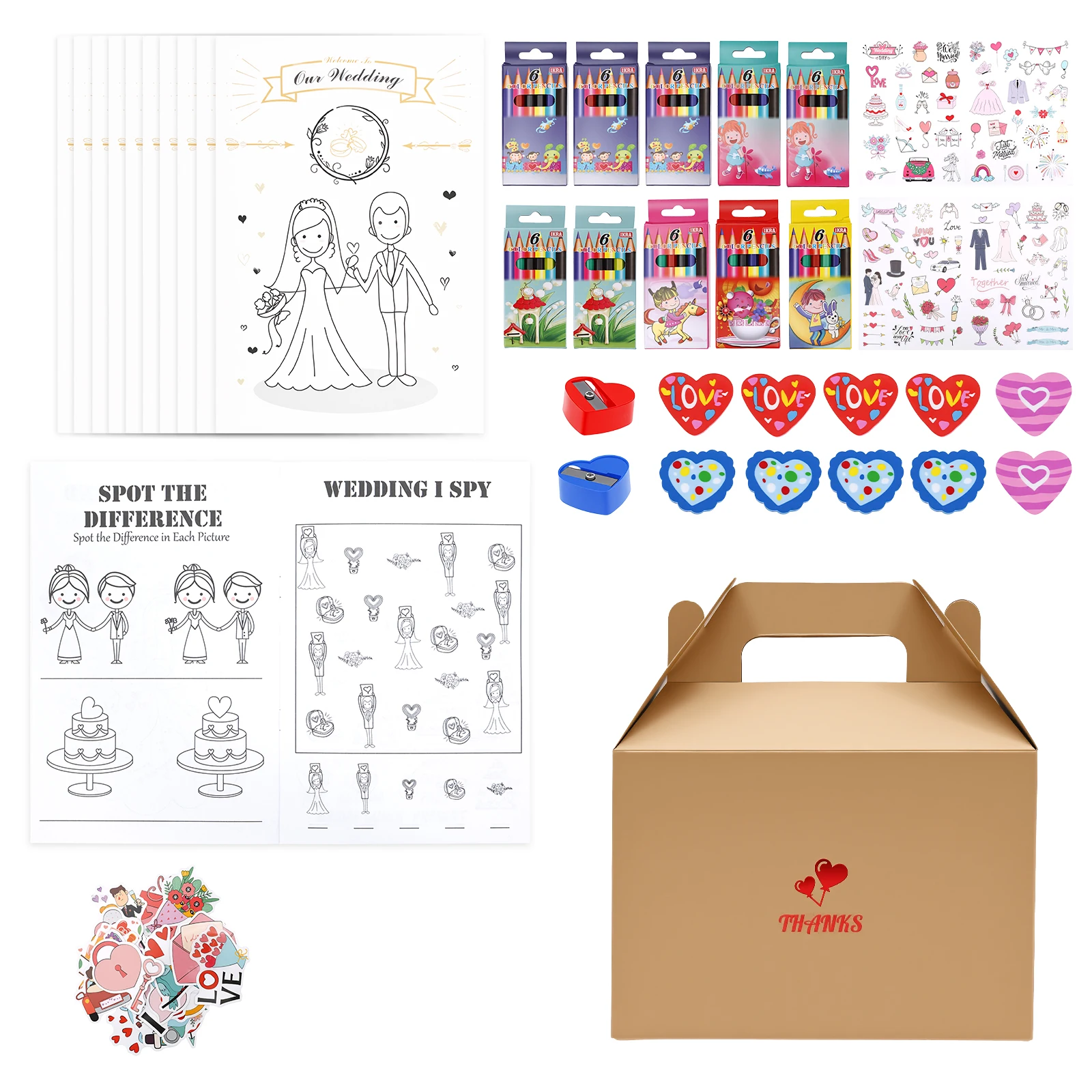 10 Pack Wedding Coloring Activity Kit with 6 Color Pencil Sticker and Box Wedding Coloring Book Fun Activity for Young Guest