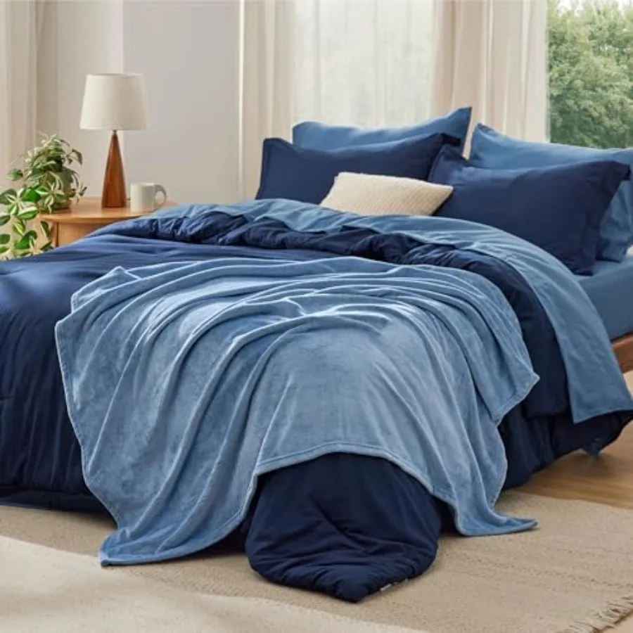 Comforter Set 6 Pieces Prewashed Size Bed in a Bag with Soft Fleece Bed Blanket Down Alternative Bedding Set for All Seasons Sh