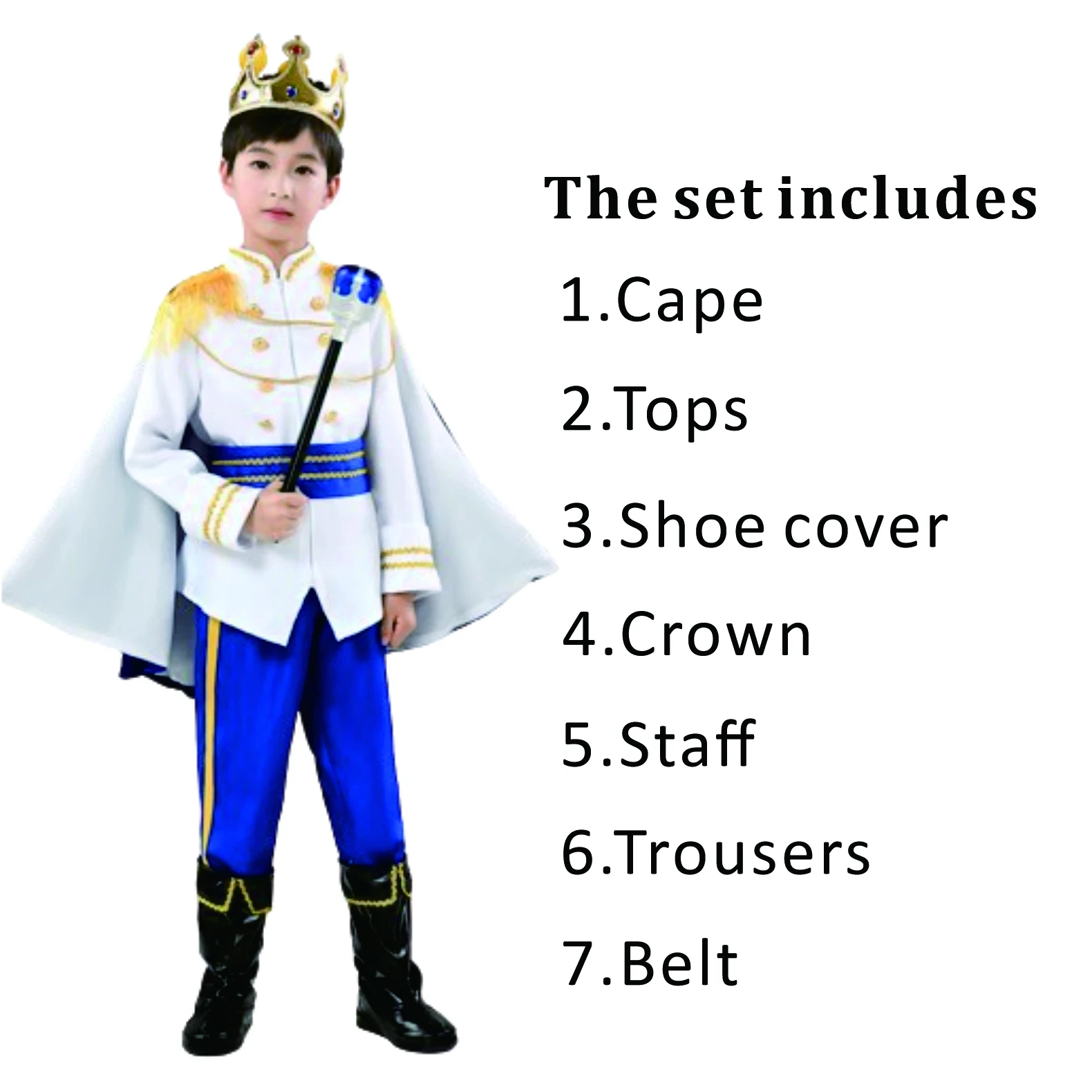 7 Pieces Boys King Carnival Costume Medieval Royal Prince Full Set Outfits for Kids Halloween Birthday Party Fancy Dress Up