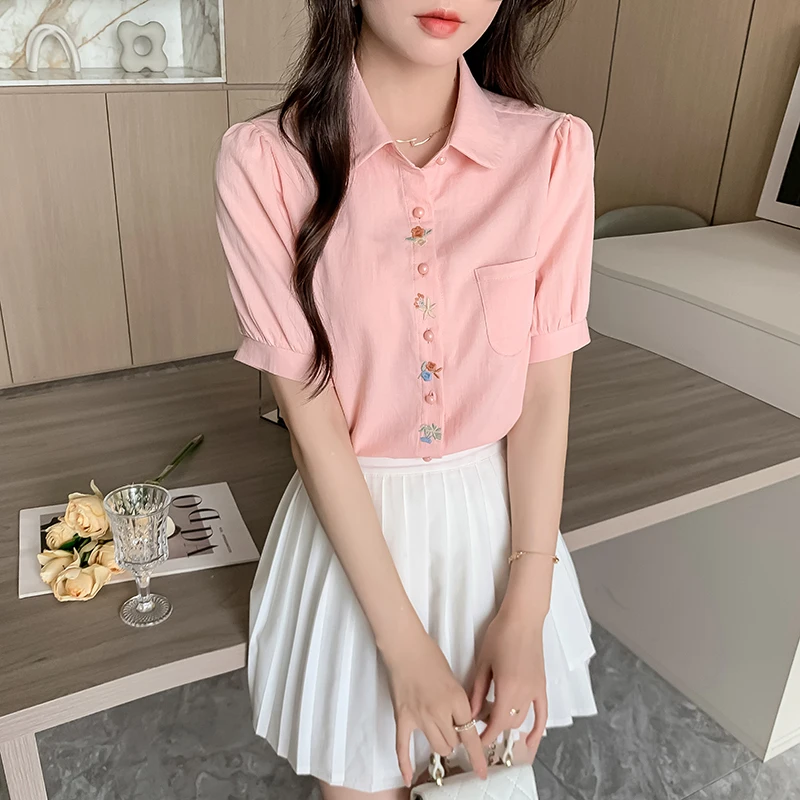 Embroidered Short Sleeved Blouse Summer Women's Shirts New Doll Collar Shirt Sweet Ladies Tops Korean Fashion Women's Clothing
