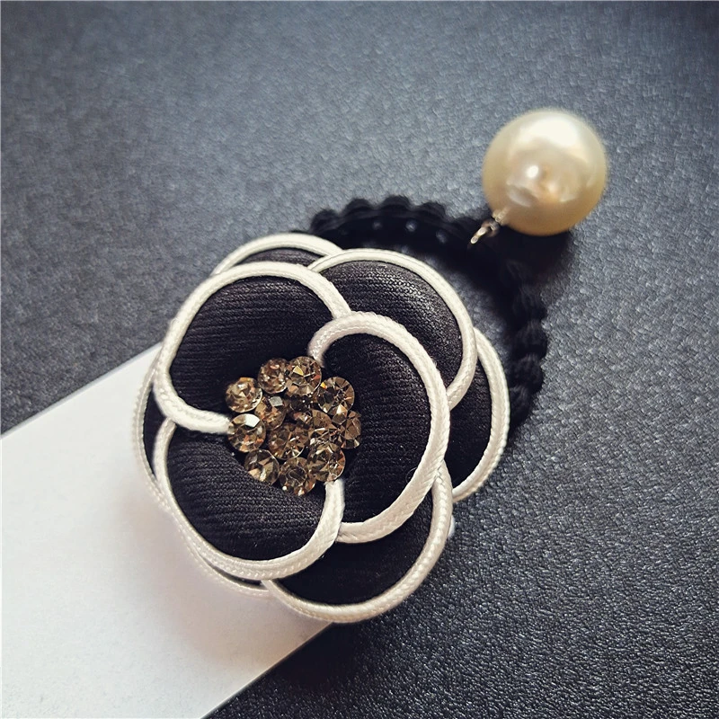 Korean Fashion New Camellia Hair Tie Rope Accessories  Ladies Big Flower Pearl  Ring Ponytail Leather Band