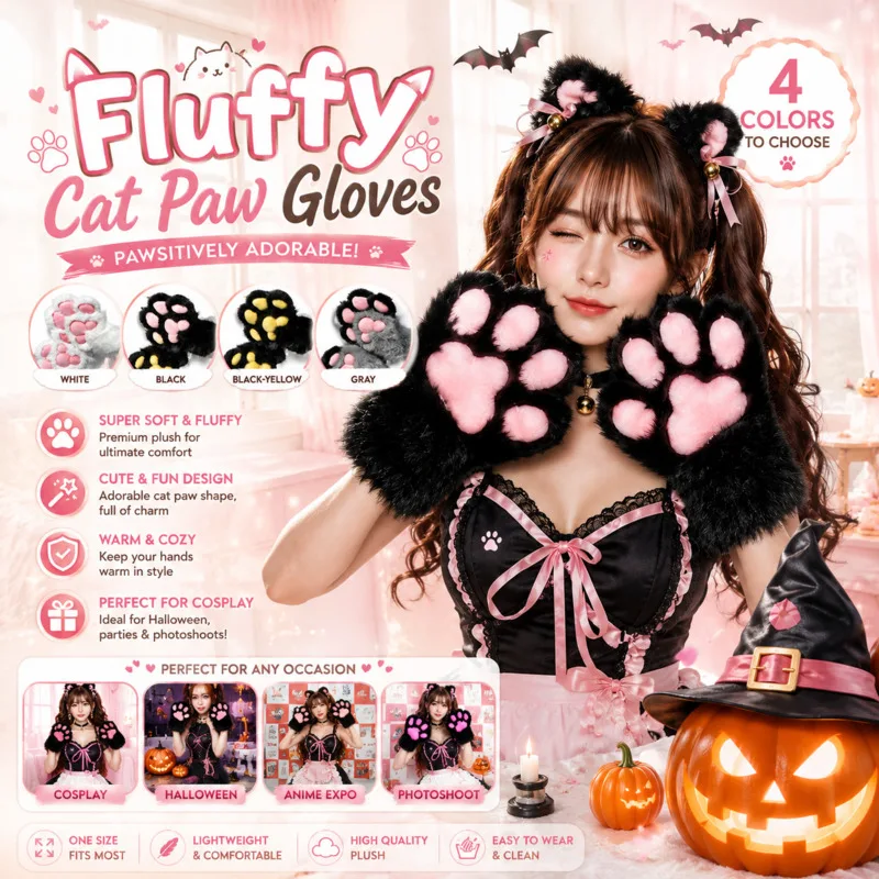 Halloween Cosplay JK Furry Paw Gloves Plush Animal Claw Costume Props Cute Canine Beast Hand Paws For Adults Kids Party Gift New