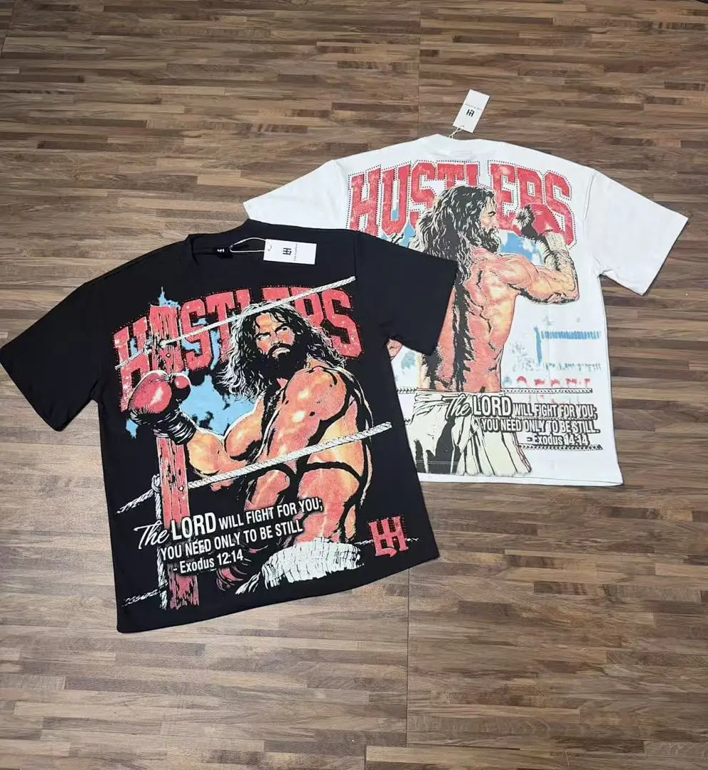 Men Vintage Hustlers Boxer Jesus Graphic T-Shirt Gothic Streetwear Bible Verse Print Short Sleeve Oversized Loose Cotton Tee