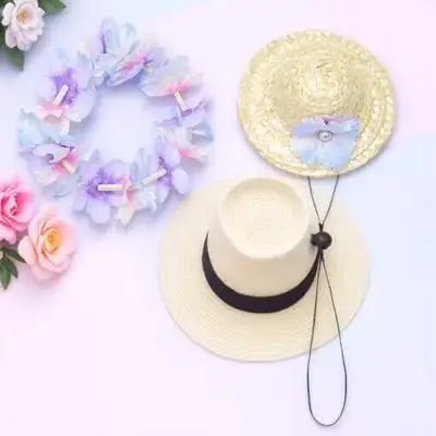 

1 set Pet Vacation Straw Hat Garland Set Hawaiian Style Dog Costume Breathable Polyester Small Dog Summer Hat Pet Party Caps