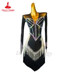 Latin Dance Performance Dress for Women Customsized Long Sleeves AB Stones Costumes Adult Children Rumba Chacha Latin Dresses